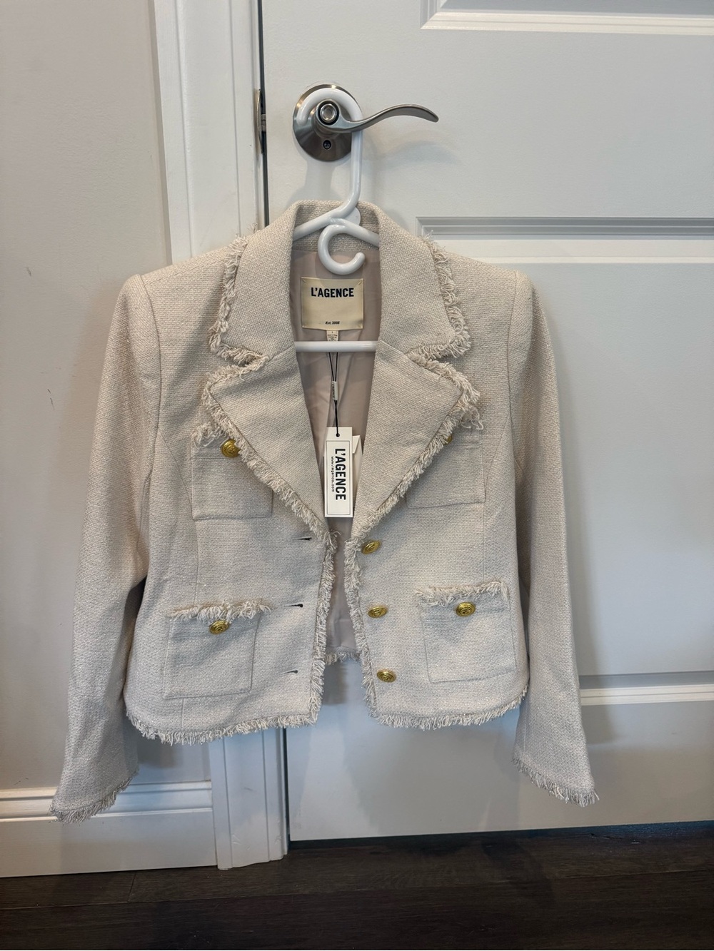 L'AGENCE Cream Tweed Frayed-Trim Blazer with Gold Buttons